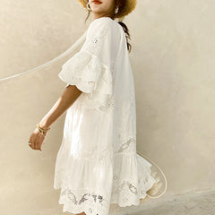 Embroidered Cotton Breathable White Resort Dress