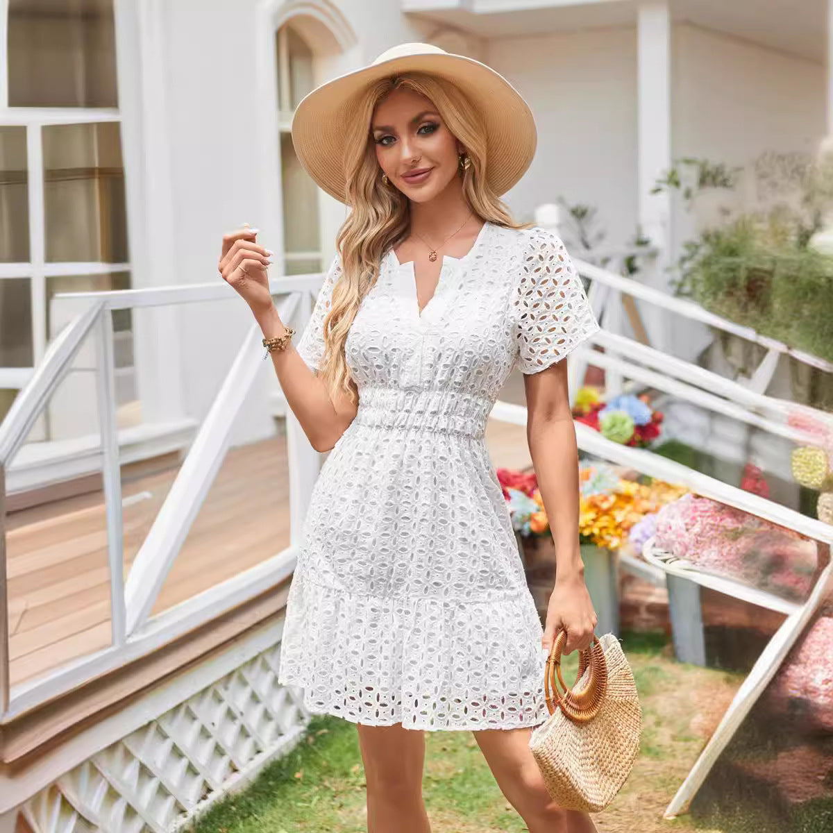 V-neck A- Line Hollow Lace Dress