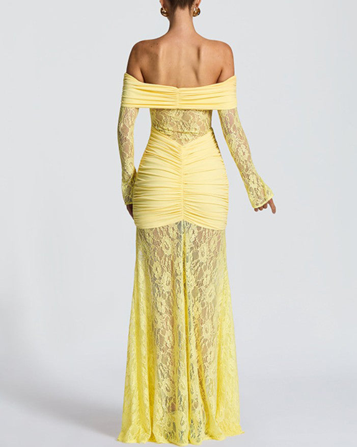 Lace Off-Shoulder Slit Long-Sleeved Dress