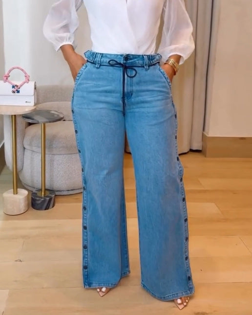 Straight Leg Wide Legs High Waist Baggy Snap Button Side Jeans