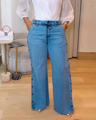 Straight Leg Wide Legs High Waist Baggy Snap Button Side Jeans
