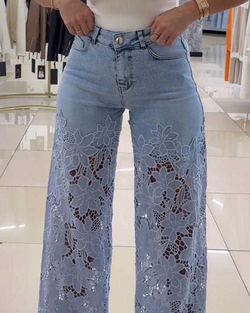 New See Through Lace Slim Straight Leg Jeans
