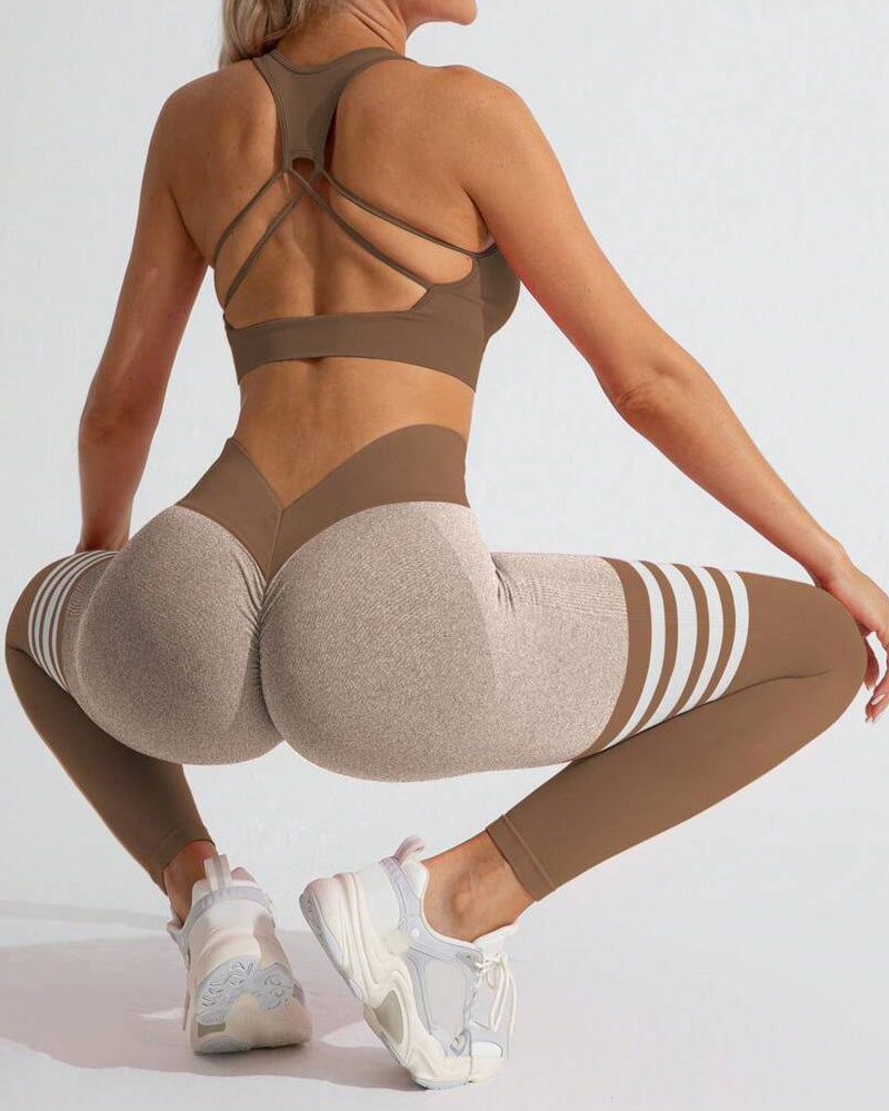 High Waist Back V Butt Lifting Fitness Striped Yoga Leggings