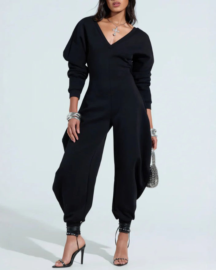 V-Neck Slim Long-Sleeved Jumpsuit
