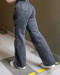 High Waist Cargo Jeans Flap Pocket Wide Leg Denim Pants