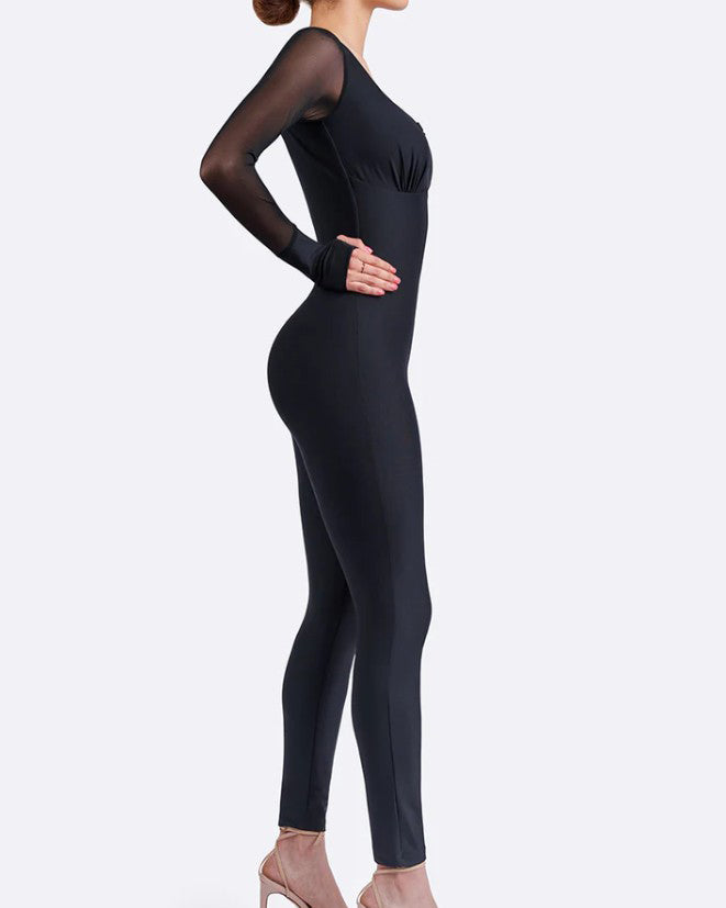 Front Zipper Slim Mesh Long Sleeve Bodycon Jumpsuit