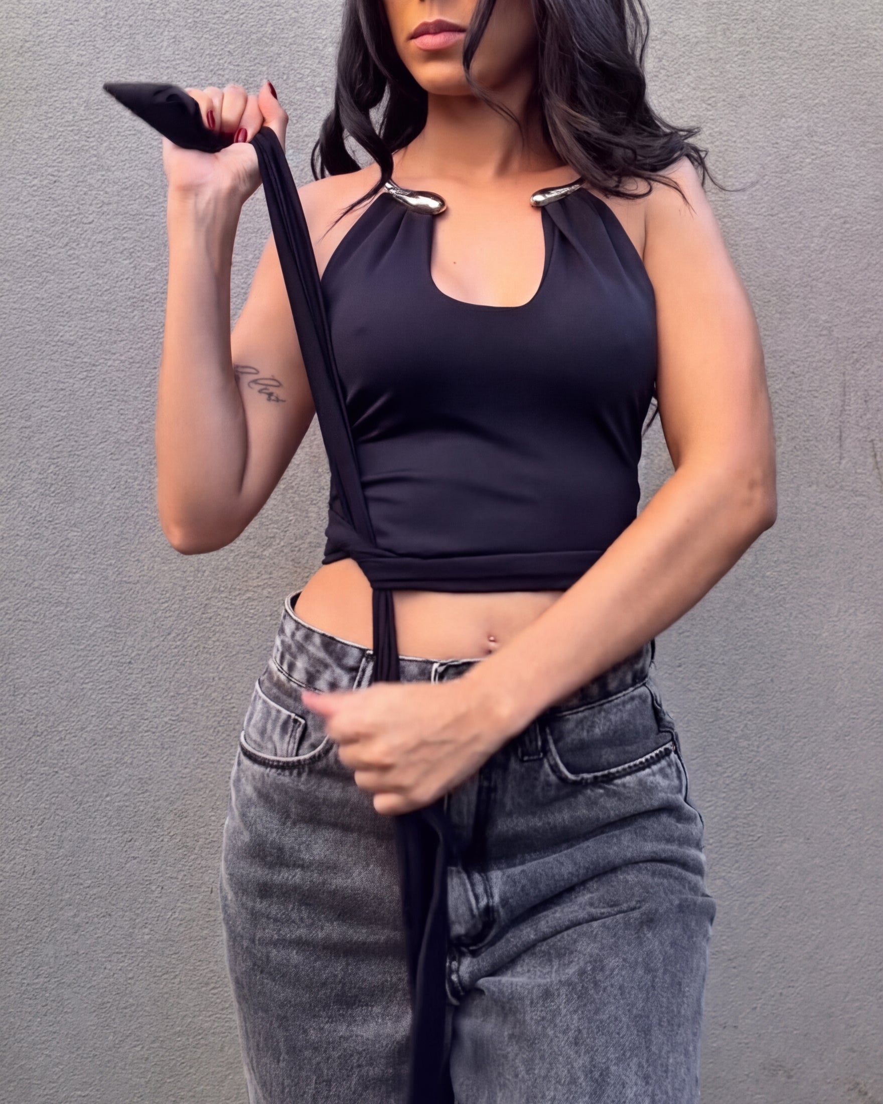 Metal Choker Halter Top With Waist Tie Detail