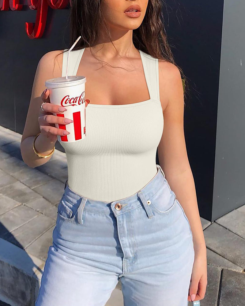 Ribbed Strappy Square Neck Sleeveless Tummy Control Tank Tops Bodysuits