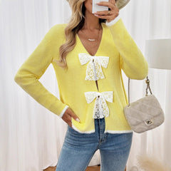 Color Matching V-neck Bow Cardigan Sweater Coat Clothing