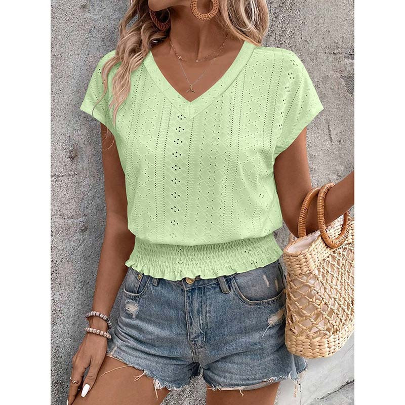 Eyelet Top Casual V Neck Short Sleeve Smocked Shirts Loose Tunic Tops Blouses