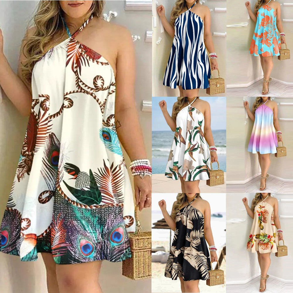 Printed Dress Off-Shoulder Hanging Neck Sleeveless Dresses Women