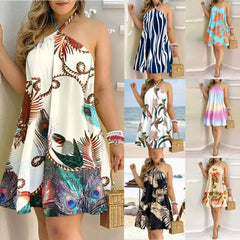 Printed Dress Off-Shoulder Hanging Neck Sleeveless Dresses Women