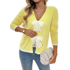 Color Matching V-neck Bow Cardigan Sweater Coat Clothing