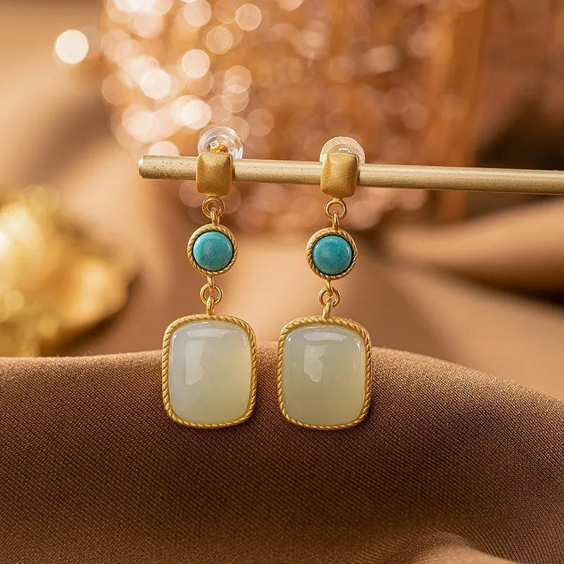 Square Hetian Jade Ear Studs Women
