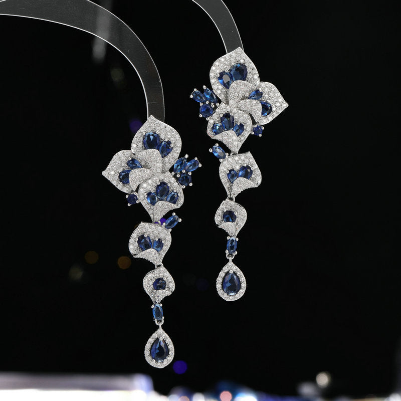1 Pair Gorgeous Long Dangle Flower Earrings, Cubic Zirconia Earrings For Women, Party Prom Dress Jewelry, Birthday Holiday Gift