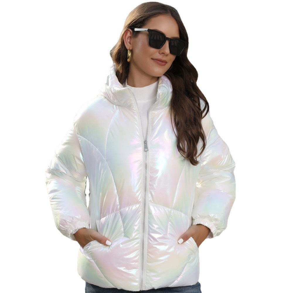 Shiny Surface Cotton Cloth Hooded Puffer Jacket Coat