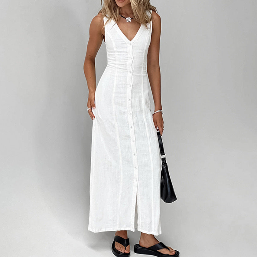 Commuter White Waisted Temperament Straight Split V-neck Cotton And Linen Dress