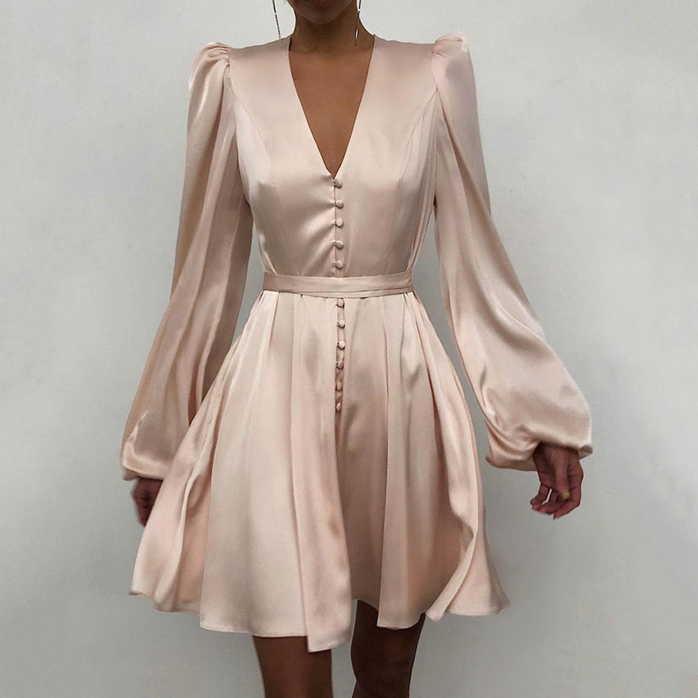 Spring Satin V-Neck Slim Dress â€?Elegant Temperament Style