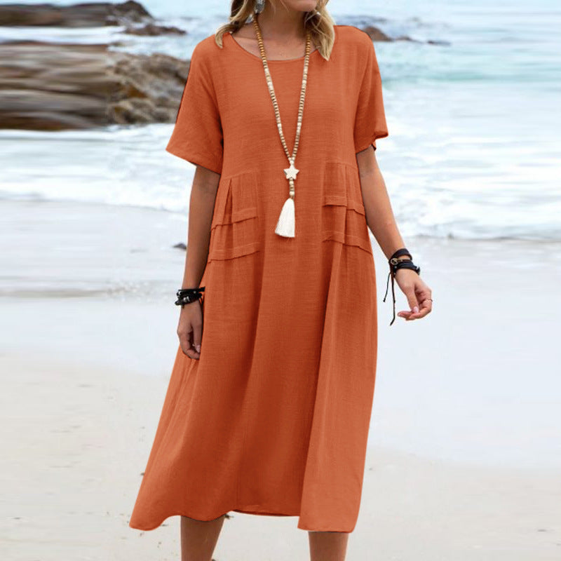 Cotton Linen Midi Dress â€?Loose Fit, Breathable, Casual Beach Style