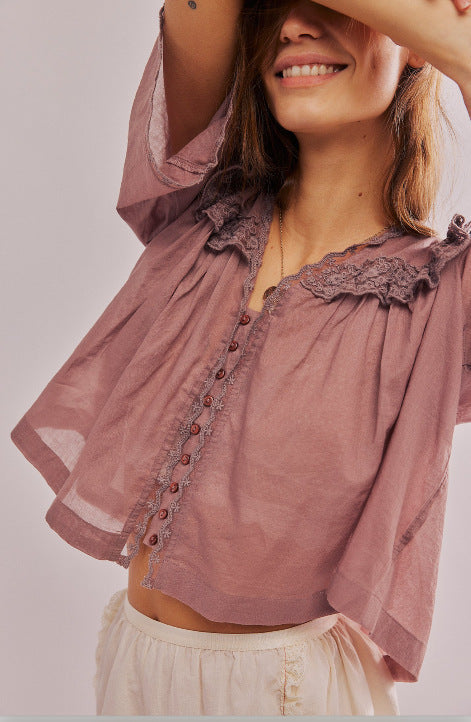 Lace-trimmed Collar Loose-fitting Pleated Top For Women