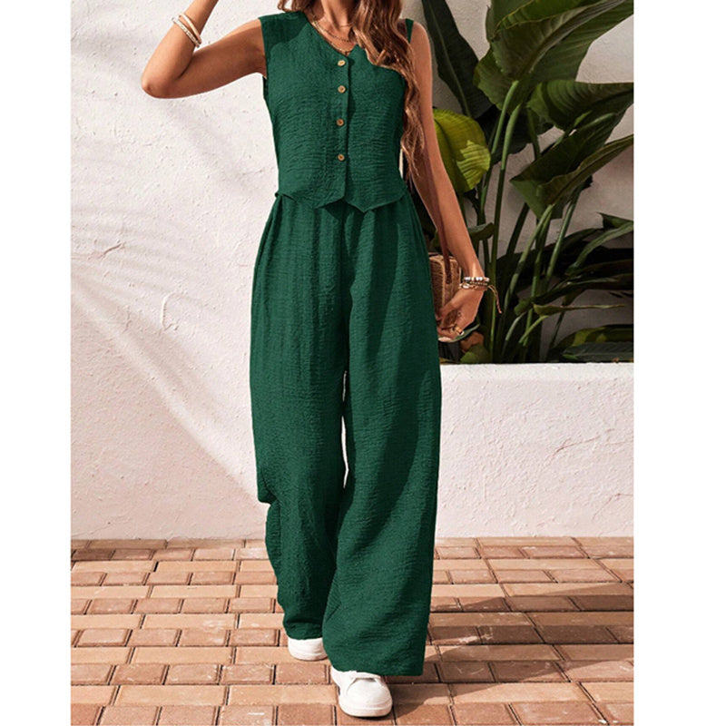 Womens Two Piece Outfits Button V Neck Crop Vest Blazer And Wide Leg Pants Suit Matching Sets