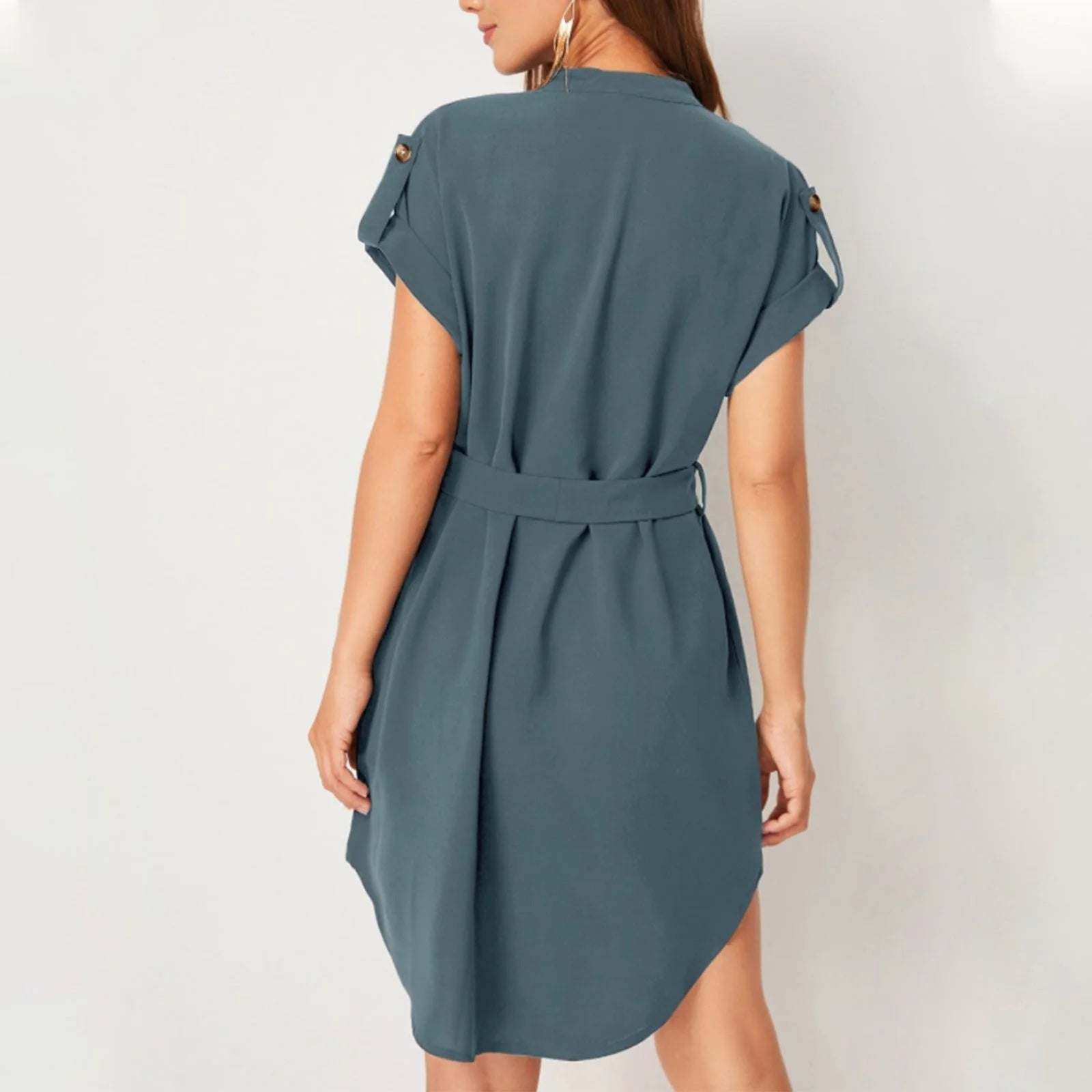 V-neck Short Sleeve Dress With Belt Bowknot Dresses For Clothing