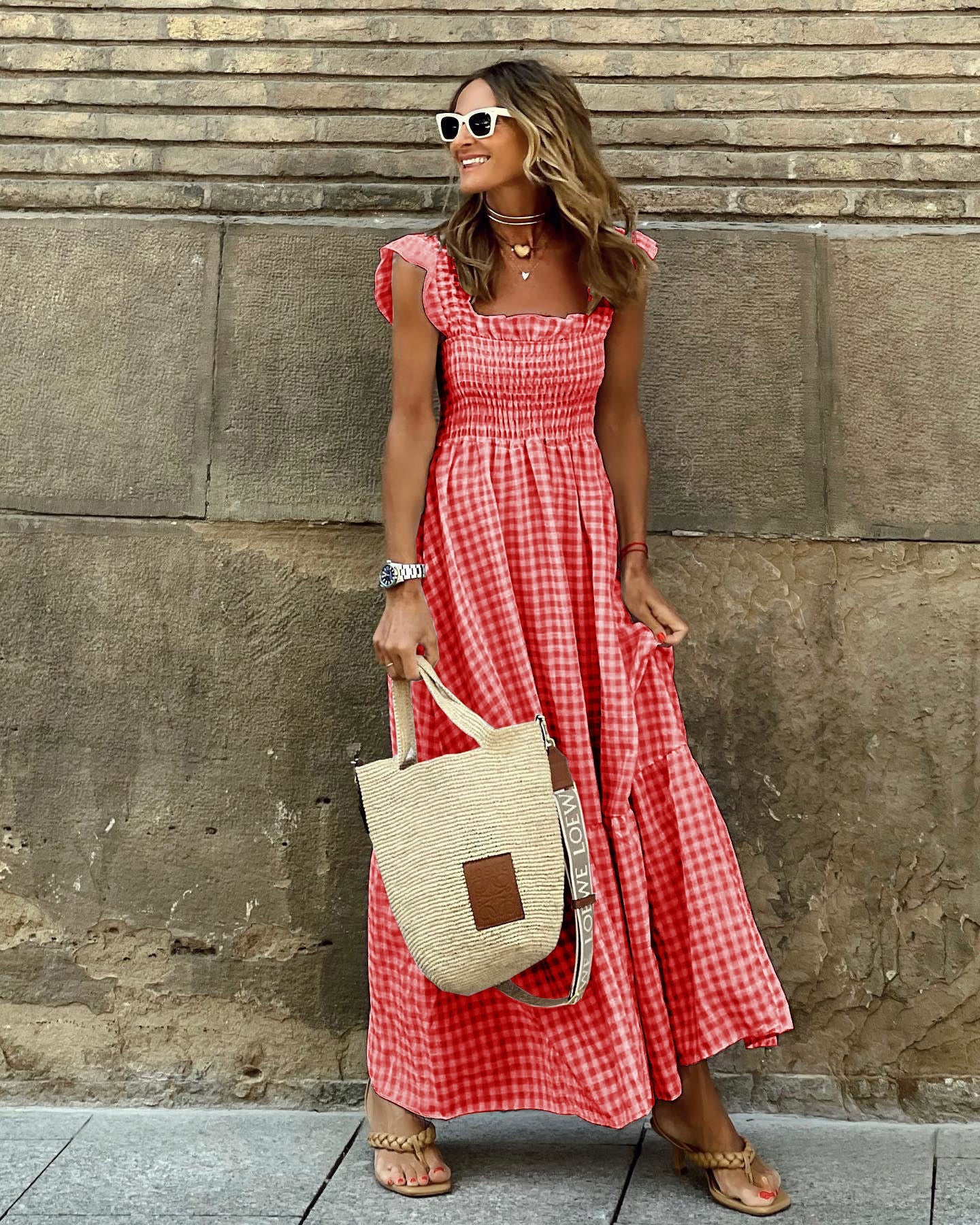 Plaid Print Pleated Ruffle Dress INS Sleeveless A-line Swing Beach Dress Clothing