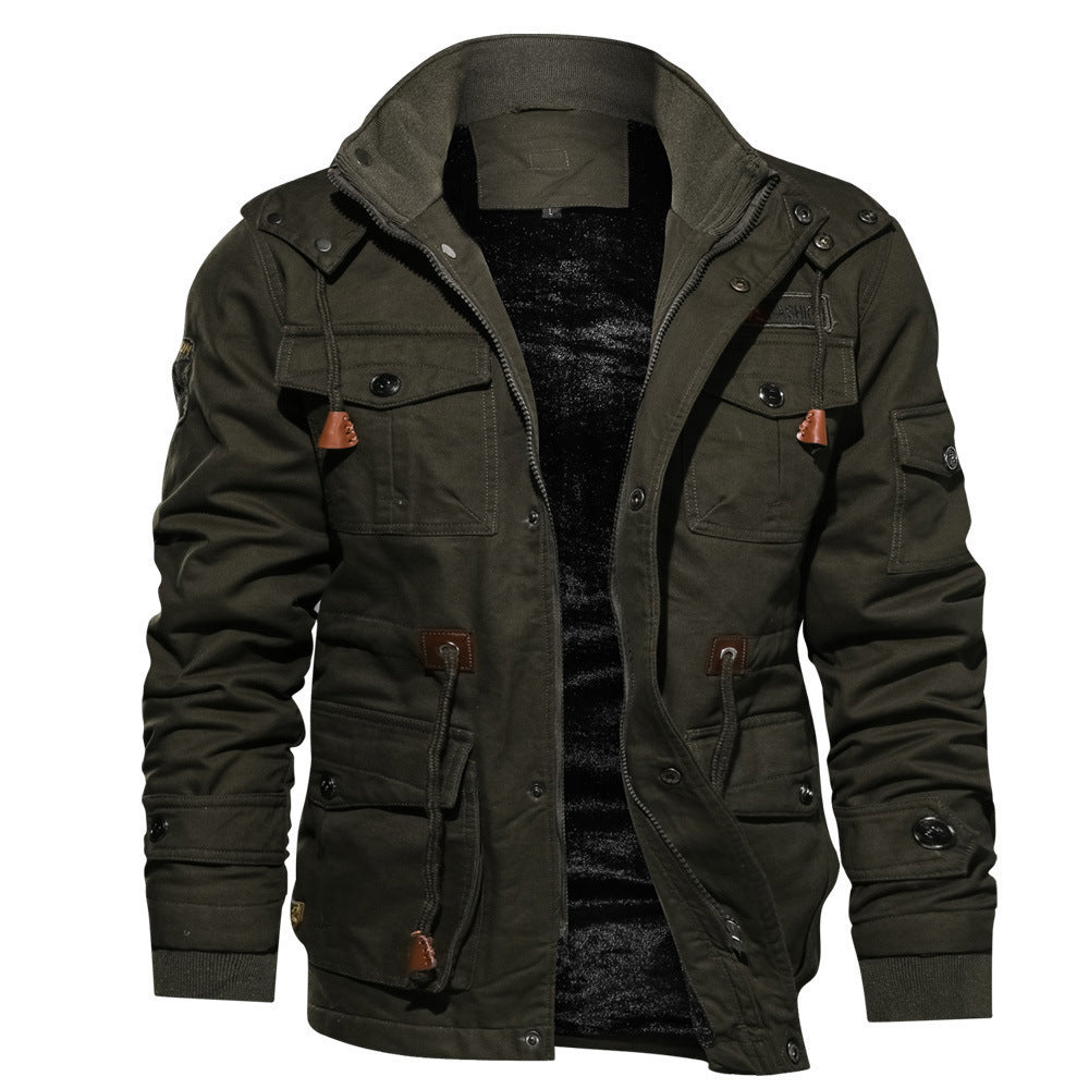 Zip-up Coat Warm Thickened Detachable Hooded Jacket Multi-pocket Button Drawstring Long Sleeve Tops Men's Cargo Clothing