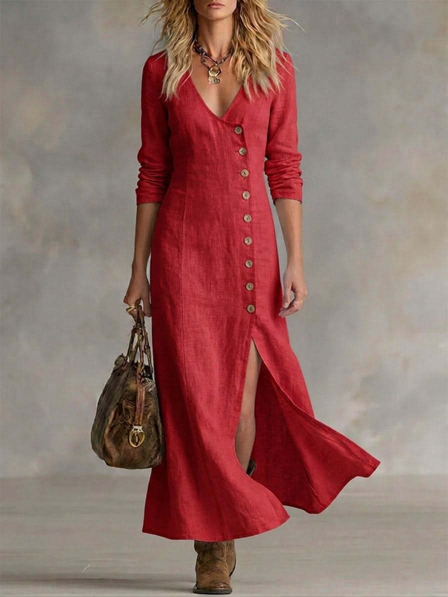 Casual Cotton-Linen Long-Sleeve Womens Dress