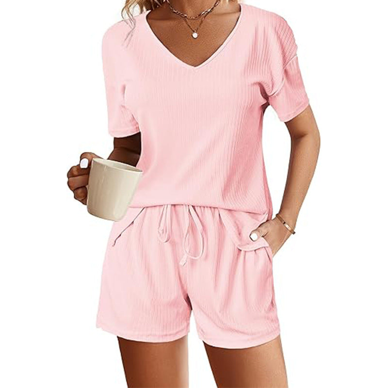 V-Neck Short Sleeve Shirt with Matching Shorts Set