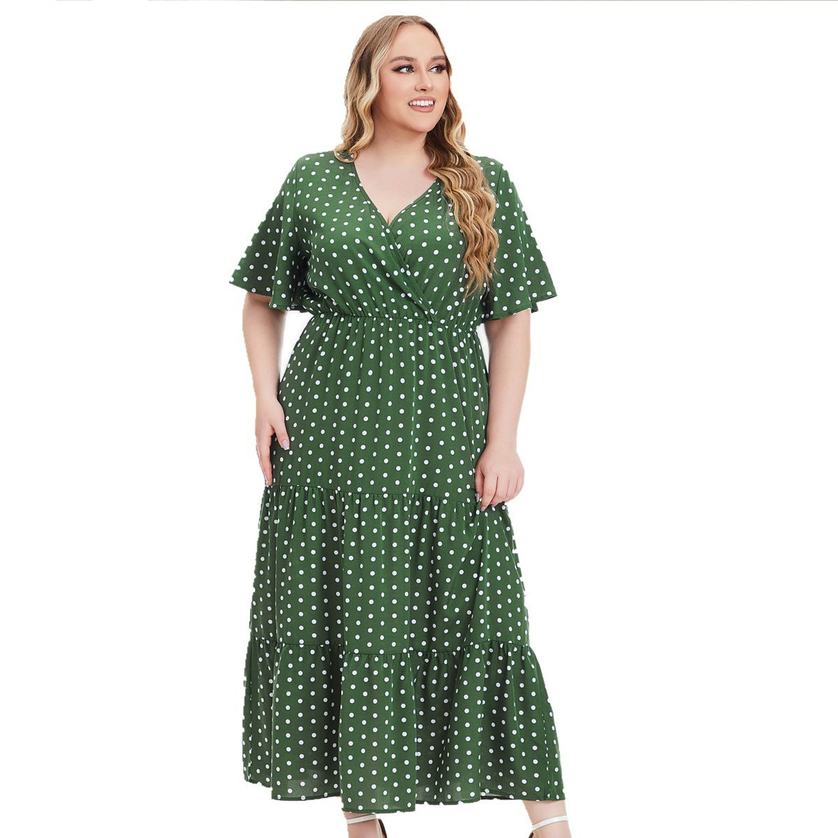 Plus Size For Plump V-neck Polka Dot Short Sleeve Dress