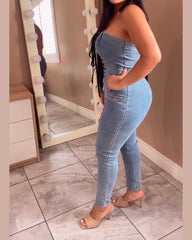 Tie Skinny Denim Jumpsuit