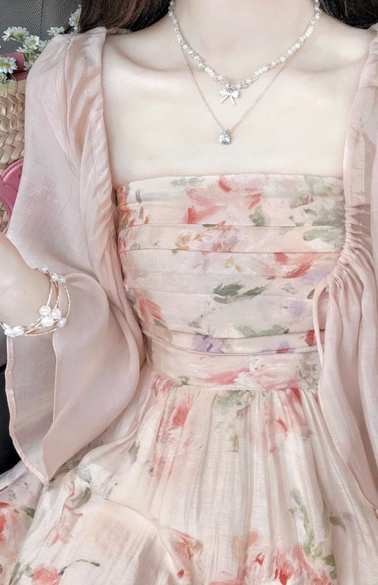 French-style Vintage Floral Sling Dress Cardigan