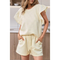 Solid Color Ruffle Sleeve Casual Suit Women