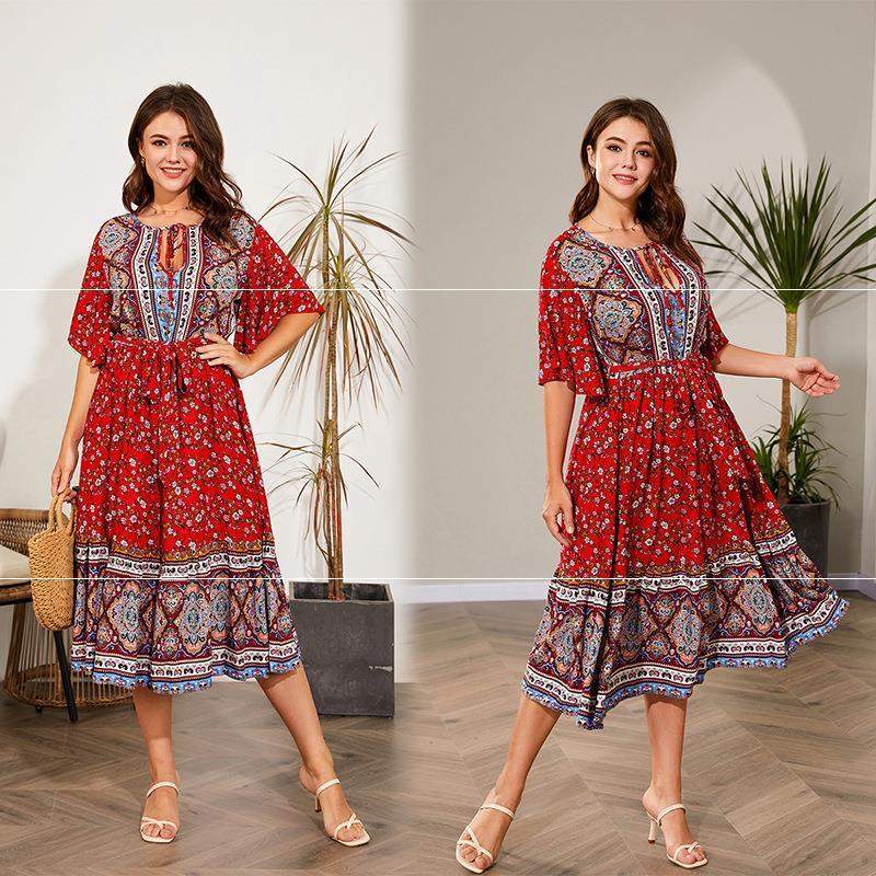 Fat Dresses V Neck Print Beach Dress
