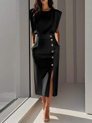 Split Metal Button Dress Women