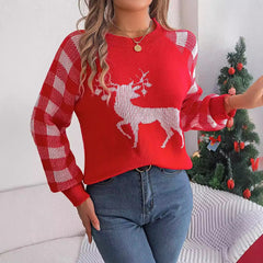 Christmas Casual Plaid Deer Long Sleeve Pullover Sweater