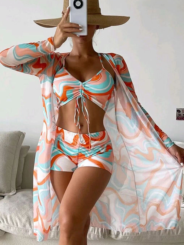 3pcs Pring Bikini With Long Sleeve Cardigan Beach Swimsuit Women