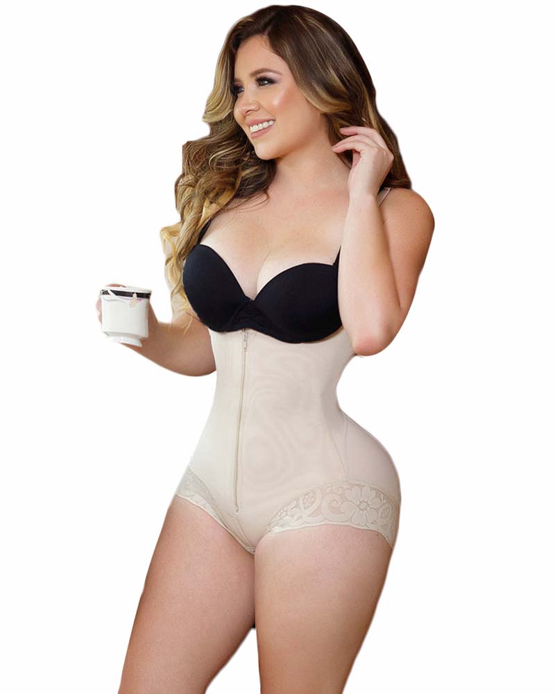 Shapewear Bodysuit Straps Tummy Control Waist Trainer Cincher Zipper Body Shaper Lace Fajas