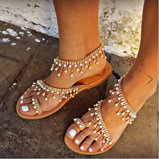 Sandals Flat Pearl Comfortable String Bead Slippers