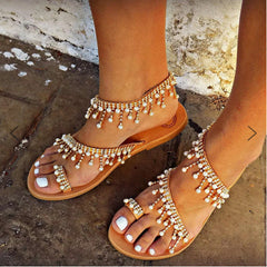 Sandals Flat Pearl Comfortable String Bead Slippers