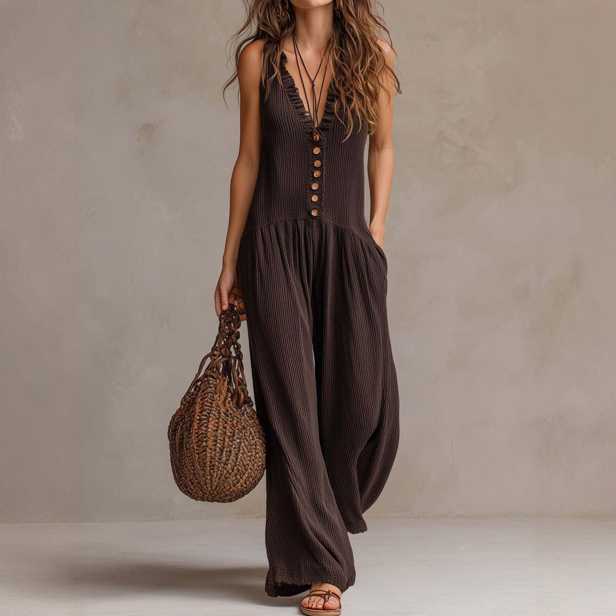Loose V-Neck Sleeveless Wide-Leg Jumpsuit