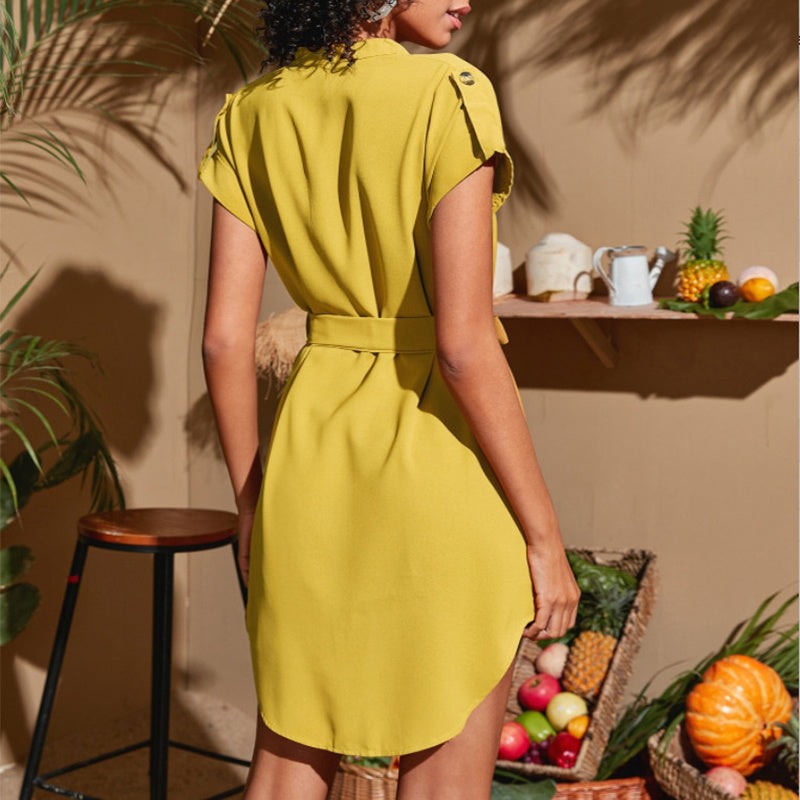 V-neck Short Sleeve Dress With Belt Bowknot Dresses For Clothing
