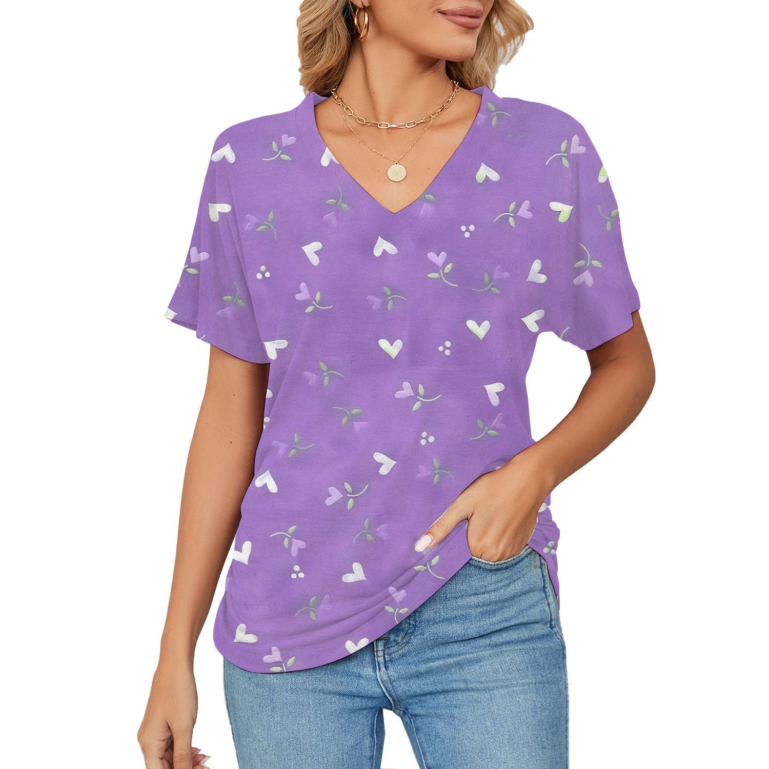 T-shirt, Natural Plant And Floral Print, Casual V-neck Short Sleeves