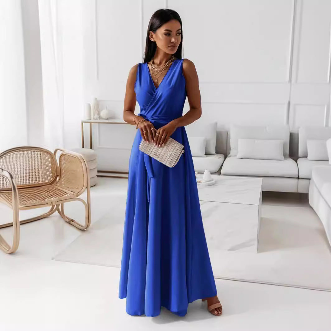 V-neck Sleeveless Dress With Belt Party Club Evening Maxi Dresses For Clothing