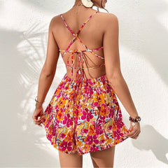 Floral Print Dress Lace-up Back Seaside Holiday Short Dresses