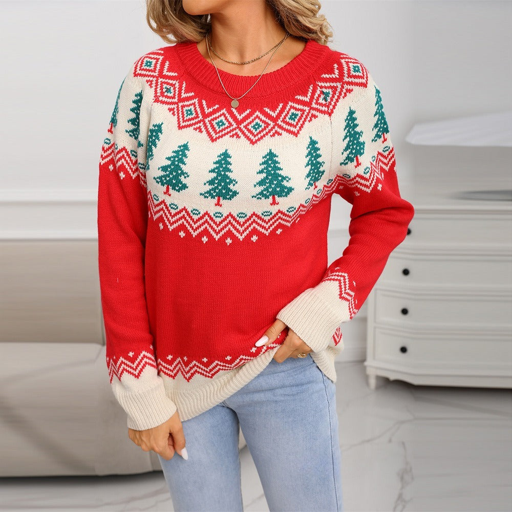 Casual Loose Jacquard Christmas Tree Pullover Knitted Sweater