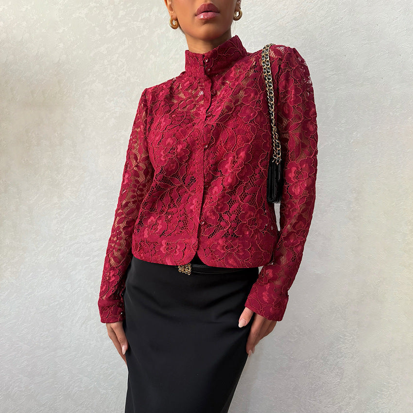 Lace Blouse For Cardigan-style Top With A Stand-up Collar