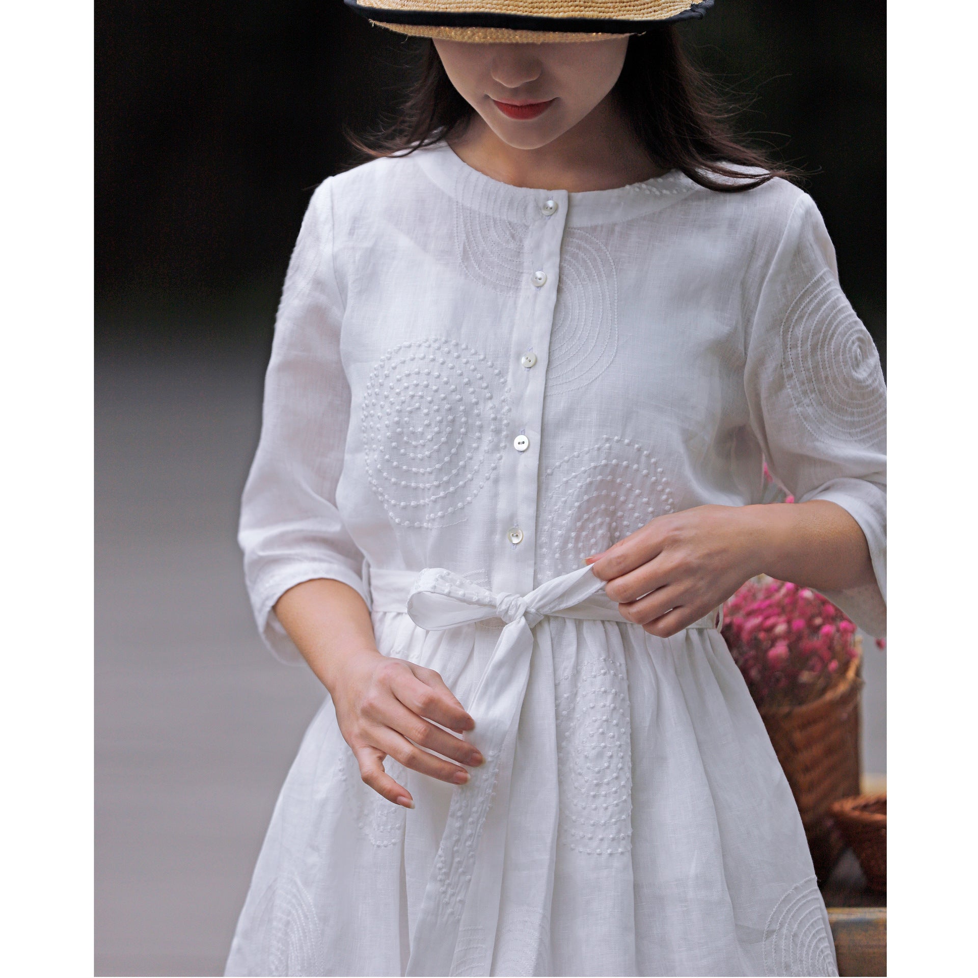 Spring And Literary Leisure Round Neck Linen Embroidered Dress Women