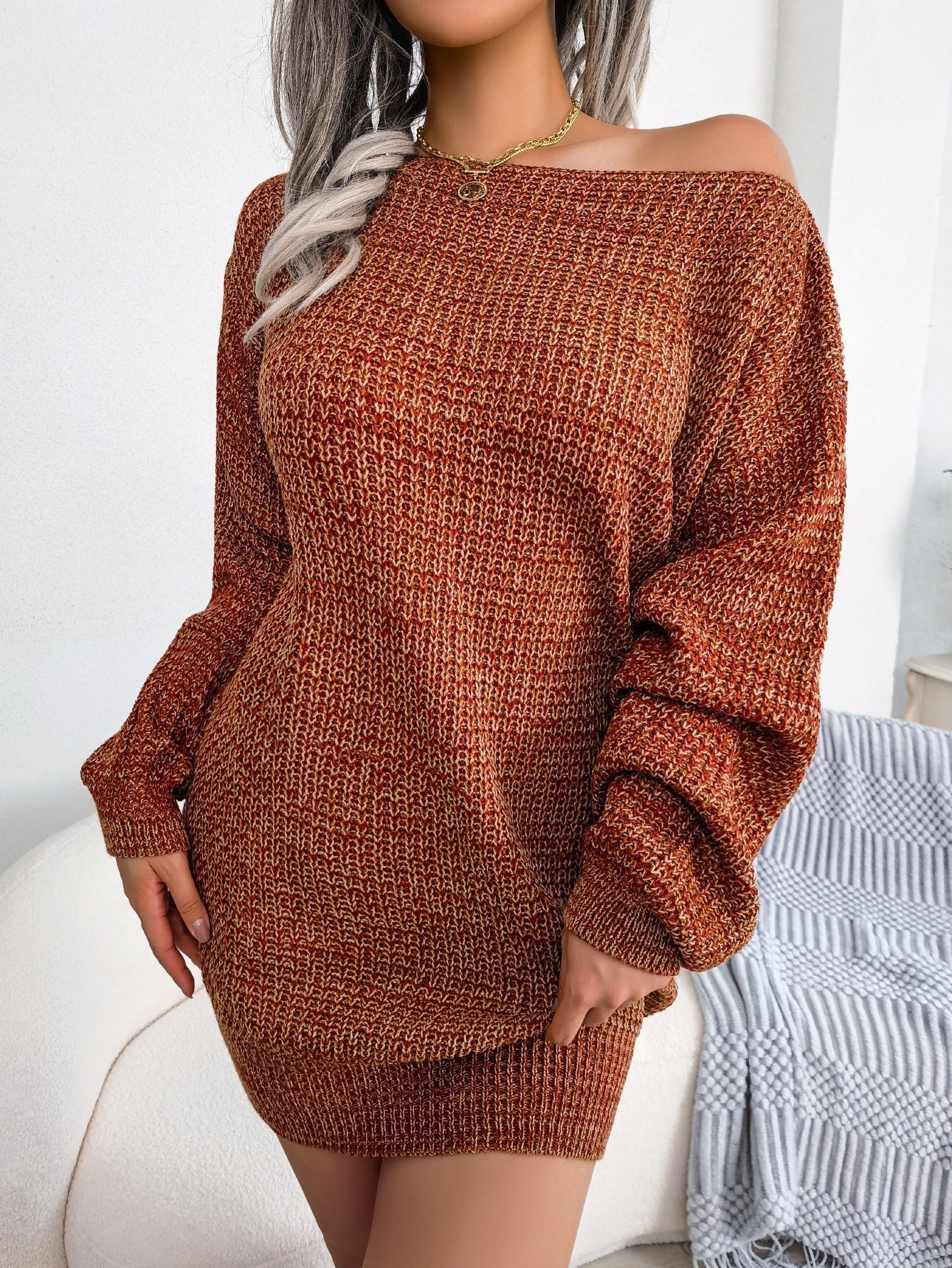 Casual Off-Shoulder Colorful Lantern Sleeve Knit Sweater Dress